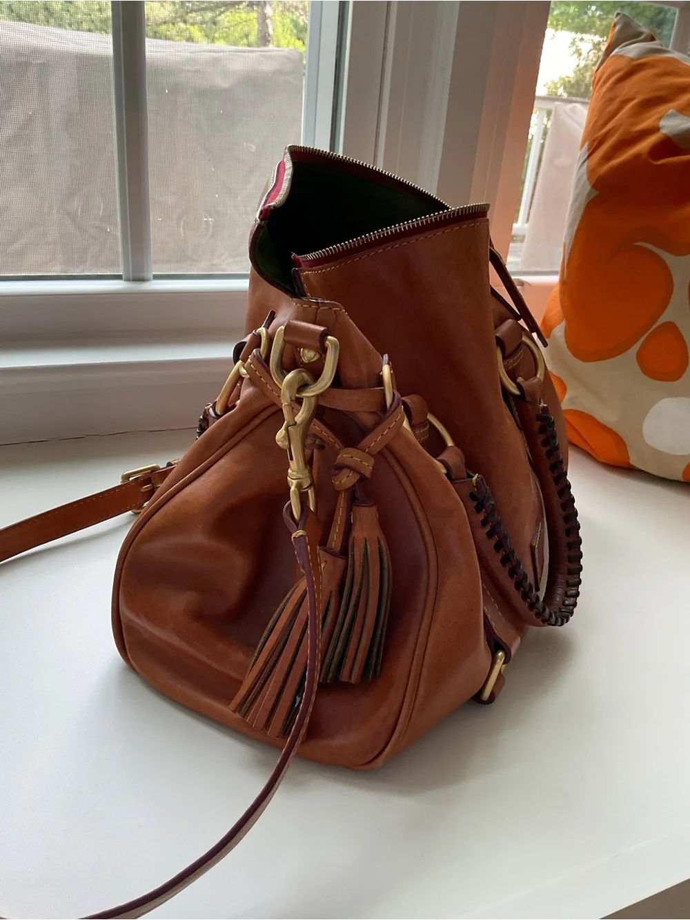 Dooney & Bourke Chestnut Brown Leather Satchel with Tassels - Picture 5 of 9